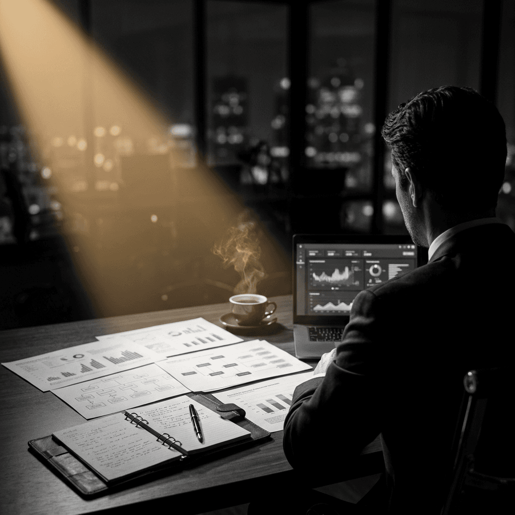 Consultor revisando dashboards de IA y reportes estratégicos en oficina nocturna iluminada por un haz de luz dorada